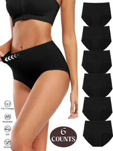 Women's Breathable High Waist Triangle Panties, Comfortable Plain Design, Casual Daily Wear, Pack of 6, All Seasons