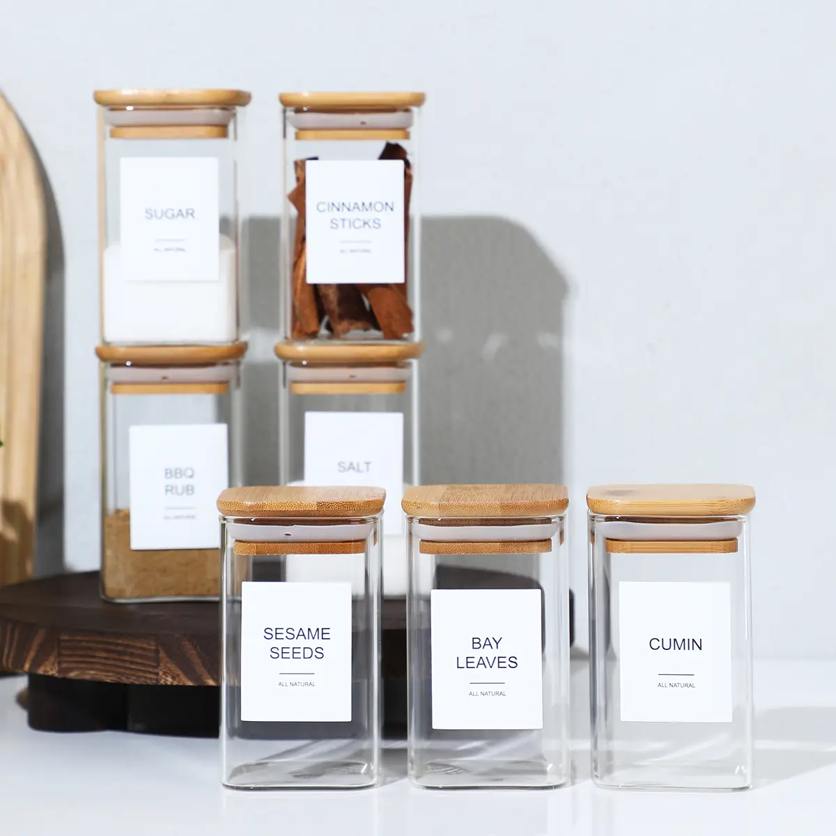 12/18/24-Piece Glass Spice Jars Set with Bamboo Lids, 4oz Airtight Square Canisters with Labels, Empty Storage Containers for Spice, Salt, Sugar Kitchenware
