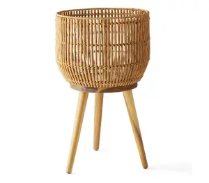 Brown Resin 13-Inch Round Rattan Planter & Stand with Acacia Wood Legs, Natural Aesthetic, Rustic Design, Versatile for Various Plants