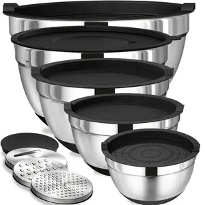 [8pcs  Stainless Steel Mixing Bowls] 5 Versatile Bowls And 3 Accessories - Non-Slip Black Silicone Bottom - 5.0,4.0,3.5,2.0,1.5QT Sizes - Great For Mixing, Baking, Serving，Food-Safe