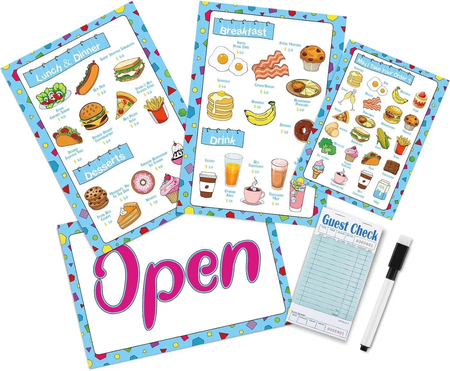 6 Pcs Play Restaurant Menus for Kids Pretend Restaurant Order Pad Food Menu Kitchen Diner Toy Set, 4 Pretend Menu 1 Guest Check Notepad 1 Erasable Pen, Christmas Birthday Party Gift Toddler Role Play