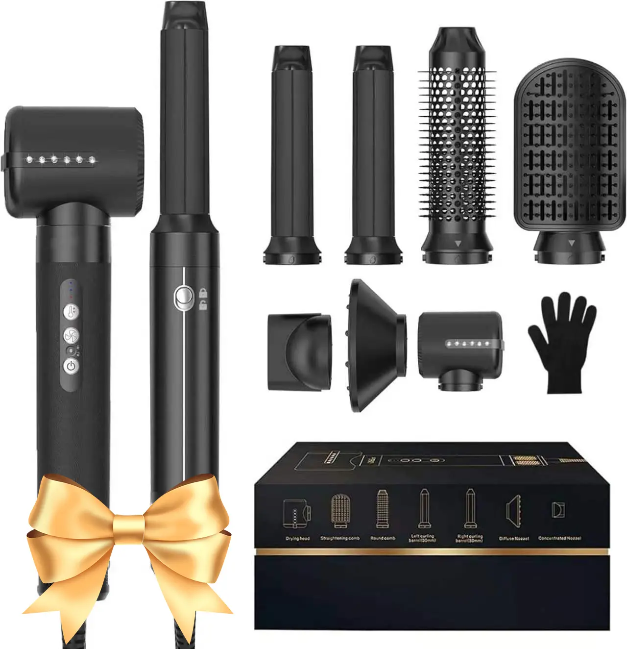 7-in-1 Ionic Hot Air Blow Dryer Brush Set, Powerful Hair Tools with Air Curler & Diffuser, Fast Drying, Volumizing, Curling, Straightening Functions, 100-120V, Gift-Ready Home & Party Supplies