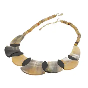 Multi Brown Genuine Buffalo Horn Graduated Statement Piece, Scale Shape Necklace 18-20 Inches in Goldtone