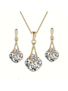 1 Necklace + 1 Pair of Earrings, Personalized Square Jewelry Gift Set, Alloy Plated Glass Necklace & Earrings Set, Ideal for Mother's Day