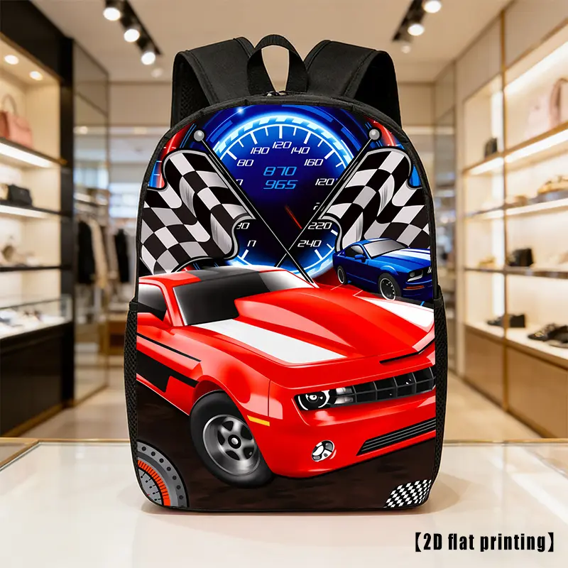 Kids Racing Theme Automotive Graphic Backpack - 600D Oxford Cloth, Water-Resistant, Lightweight, Large Capacity, Breathable Padded Straps, Glossy Red Sports Coupe Print, Zipper-Equipped School/Travel Bag for Racing-Loving Boys