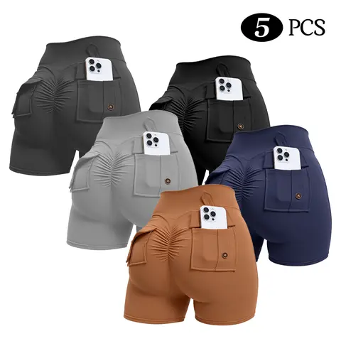 Women's High Rise Tight Stretchy Ruched Back Cargo Biker Shorts - Button Closure, Glute Activation, Tummy Control, Body Shaping, Active Everyday Fit for Yoga, Biking, Running