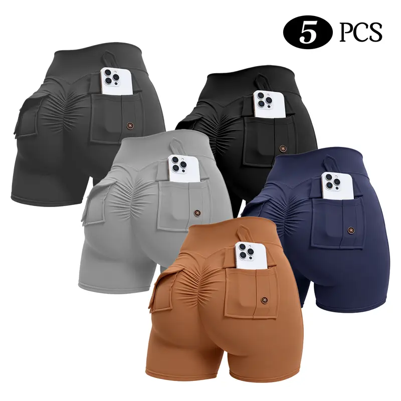 Women's High Rise Tight Stretchy Ruched Back Cargo Biker Shorts - Button Closure, Glute Activation, Tummy Control, Body Shaping, Active Everyday Fit for Yoga, Biking, Running