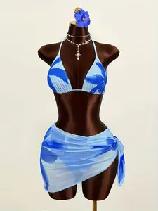 New Beach Fashion Sexy Casual Printed Halter Bikini Set, Three-Piece Separated Swimsuit, Stylish and Comfortable Swimwear