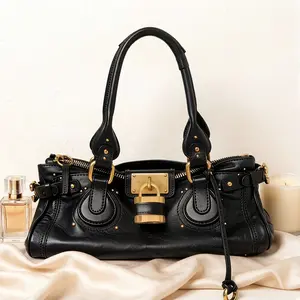 Vintage Black Lock Satchel Bag, Aged Gold Hardware Shoulder & Crossbody Purse, Retro Classic Tote for Women outdoorfun