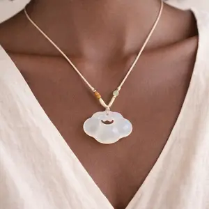 Minimalist Jade Cloud Necklace, Soft White Stone Pendant, Adjustable Cord, Everyday Calm Jewelry, Gift for Her