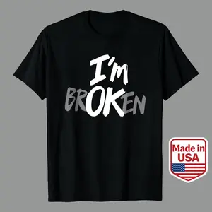 Black Casual T-Shirt With I'm Ok Broken Text Design For Everyday Wear And Statement Fashion Perfect Gift For Him Or Her Men's Casual Graphic Tees 100% Premium Cotton Unisex T-Shirt graphic tee good tees christian Casablanca Patterned Short penny shirt