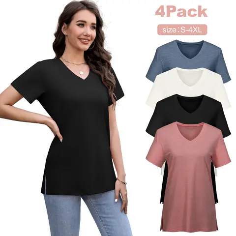 VILIGO Women's Casual V-Neck Plain Short-Sleeve Tees (Set of 4, Assorted Colors) - Flat Hem, Soft Comfy Casual Tops, Shirts for Women, Plus Size Clothing, Plus Size Tops, Everyday Wear
