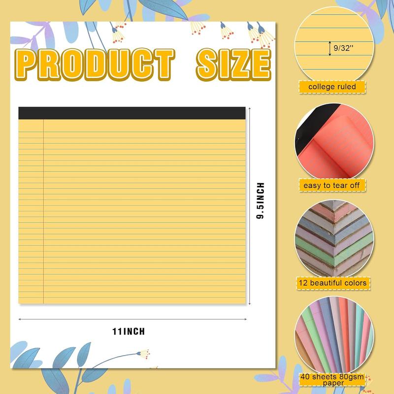 12 count 11" x 9.5" Legal Pads College Ruled Notepad Landscape Notebook Horizontal Lined Notebook 80 Gsm Assorted Colors Paper Pastel Writing Pads for School Office, 40 Sheet (Bright Color)
