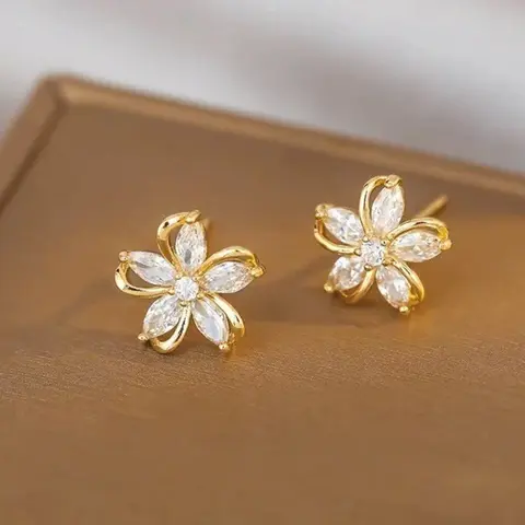 Hypoallergenic Gold Flower Diamond Brilliant Earring Studs - Elegant Dainty Earrings Jewelry for Women's Daily Wear, Party & Special Occasions，TikTok Viral