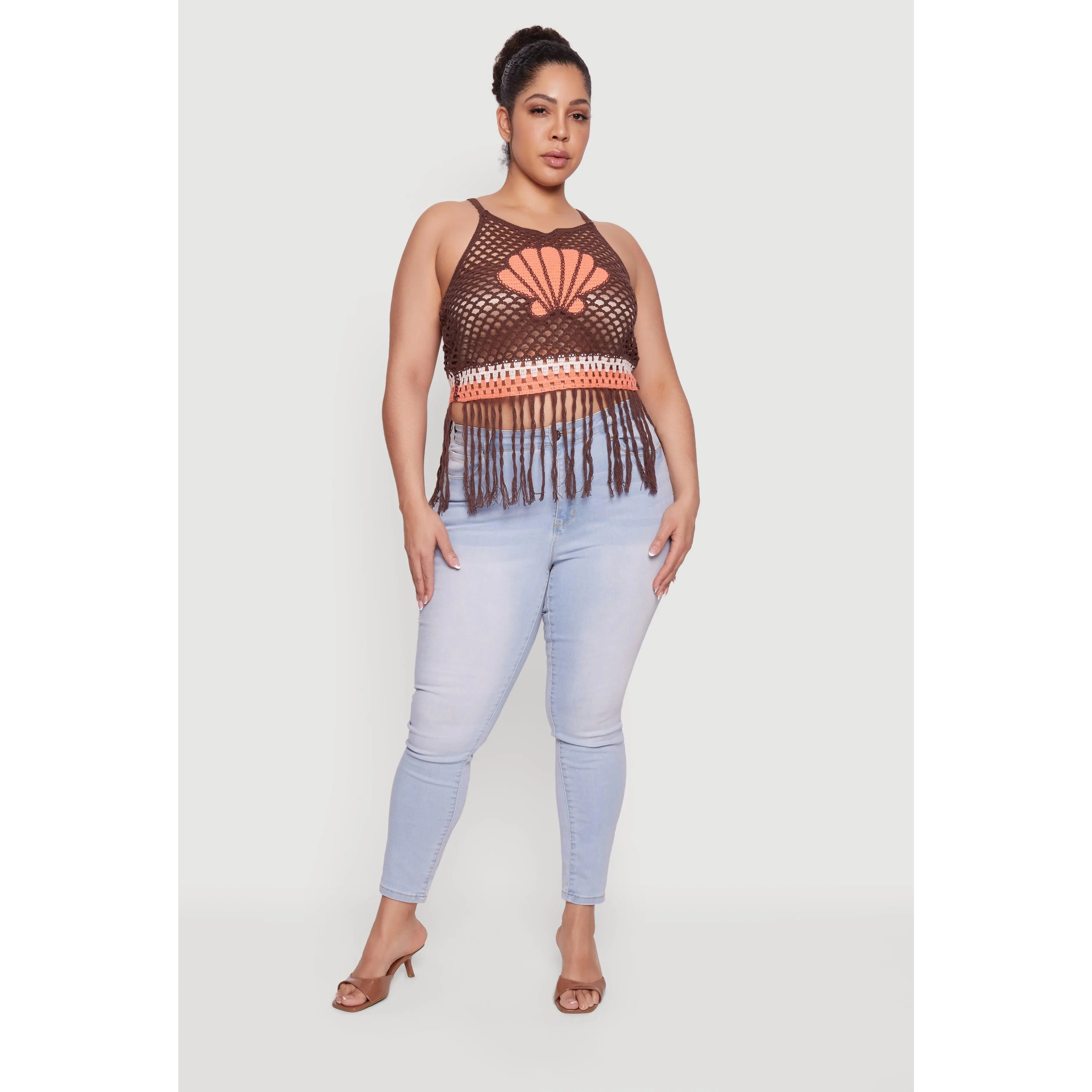 Plus Size Shell Graphic Fringe Hem Crochet Top
