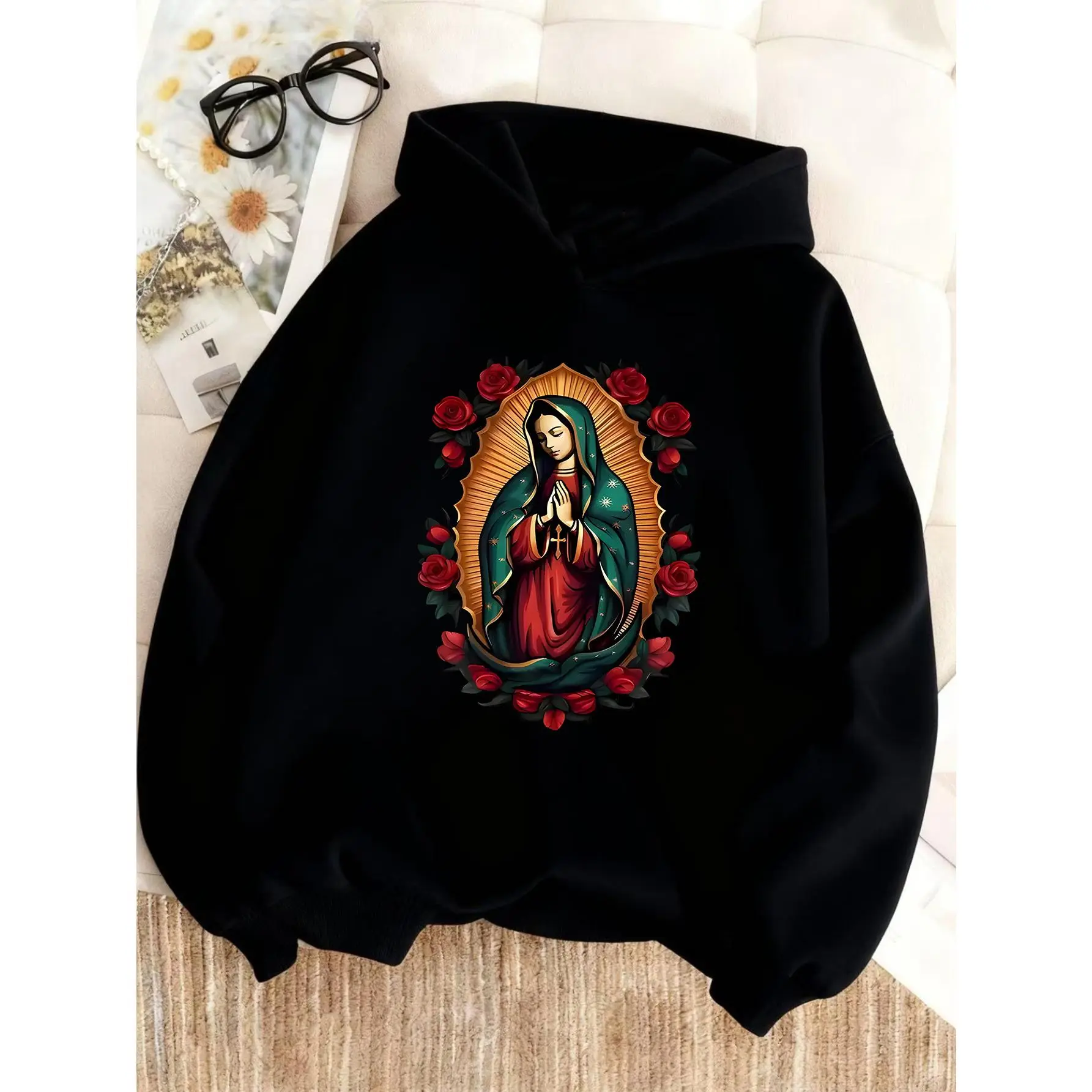 Girls' Trendy Hooded Sweatshirt | Casual Fashion with Random Print, Regular Fit, Suitable for Fall/Winter, Graphic Hoodies, Casual Cozy Sweatshirt