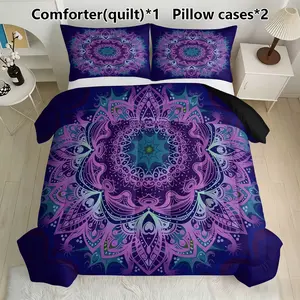 Mandala Bedding Set, Includes 1 Comforter & 2 Pillowcases, Boho Hippie Decor, Feather Silk Cotton Material