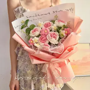 Decorative Crochet Flowers, Crochet Flower Bouquet Handmade Knitted Flowers Roses Bouquet for Wedding Anniversary Birthday, Gifts for Mom, Lovers, Teacher, Crochet Flower Bouquet, Crochet Flowers Bouquet Decoration Cotton Yarn