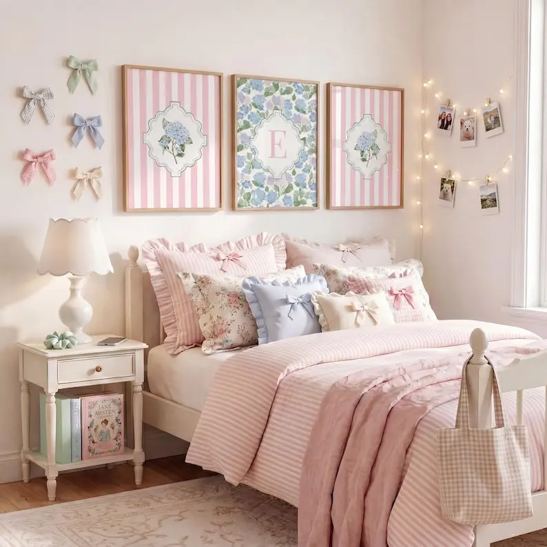 Personalized Hydrangea Wall Art Set of 3 Blue Hydrangea Prints Custom Monogram Girls Bedroom Decor Nursery Wall Art Grandmillennial Coquette Mell Kenny