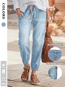 Women's Mid Blue Distressed Fitted Jeans, Metal Button Decor, Elastic Denim, Leg-Shape Enhancing, European Style, Basic, Music Festival/travel/daily Wear, Pants