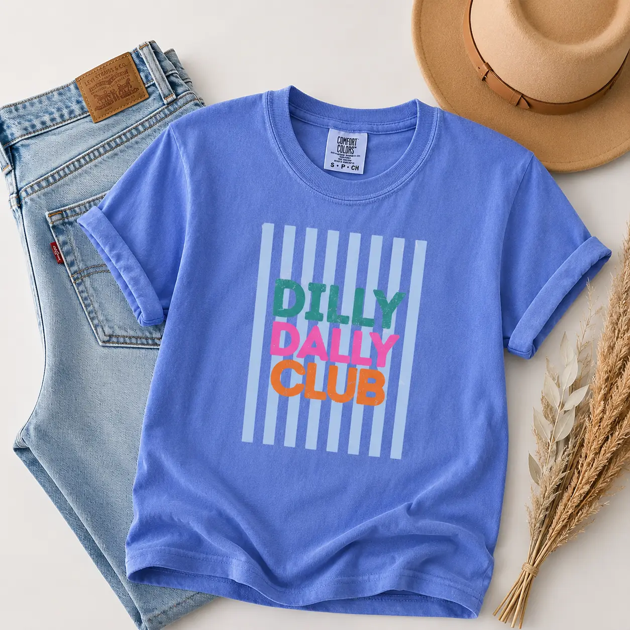 Comfort Colors Dilly Dally Club Shirt, Trendy Summer Graphic Tee, Retro Bright Striped T-Shirt, Comfort Colors Oversized Tee, Cute Preppy Aesthetic Shirt - Printfamily