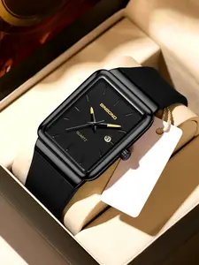 BINBOND Quartz Analog Watch for Men Square Large Dial 30M Waterproof Silicone Strap Wrist Watches Date Display Men's Watch, Men's Casual Business  Quartz Watch, Fashionable Watch for Party, Daily Clothing Decor, Trendy All-match & with Box