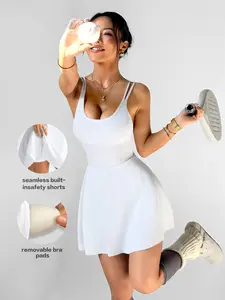 Women's Backless Criss Cross Sports Dress with Removable Pads, Mini Yoga Skirt, Fitted Above the Knee, Casual Tennis Dress Sleeveless, All Seasons