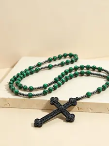 Vintage Pattern Natural Round Bead Malachite Prayer Beads Necklace, Long Cross Necklace, Layered Wear, Unisex, Daily Fashion