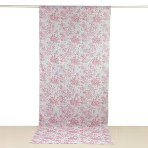 French Toile Backdrop Curtain – 5ft x 12ft Polyester Drape Panel, Pink Floral, Rod Pocket Design