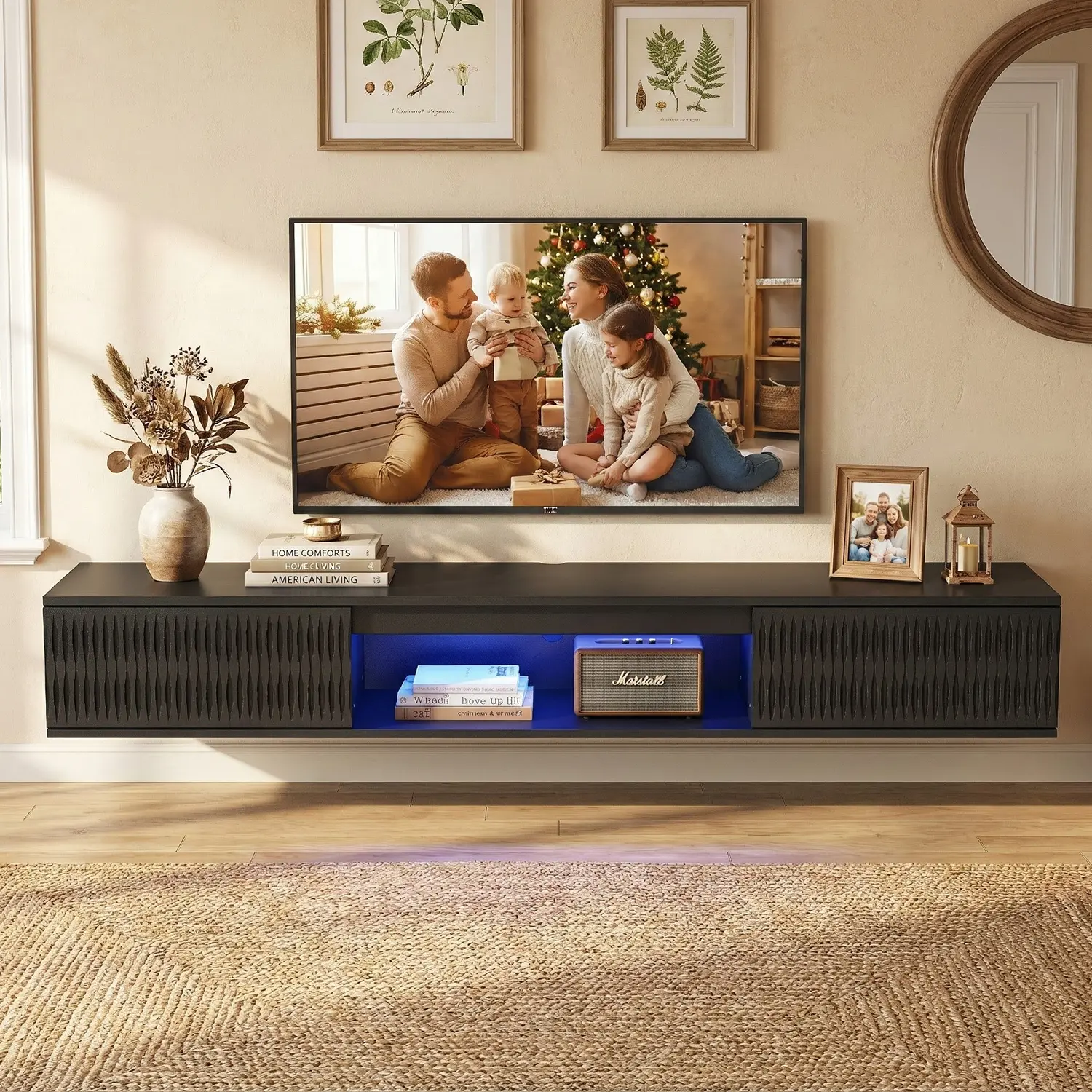 TV Stand for 63 Inch,Modern TV Cabinet with Colorful LED Strip Lights, Double Doors + Open Shelf, Cable Management Hole, Anti-Tip Hardware, Wall-Mounted Design TV Console