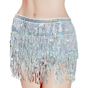 Belly Dance Hip Scarf Sequin Tassel Skirt Wrap Sparkly Rave Costume for Women