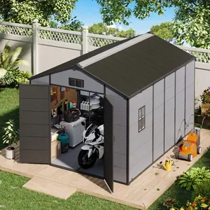 Outdoor Storage Shed with Lockable Double Doors & Built-In Floor, Weather-Resistant Metal Garden Shed with Sloped Roof for Backyard, Patio & Lawn, Multiple Sizes (4x5–8x12 FT), Gray/Black