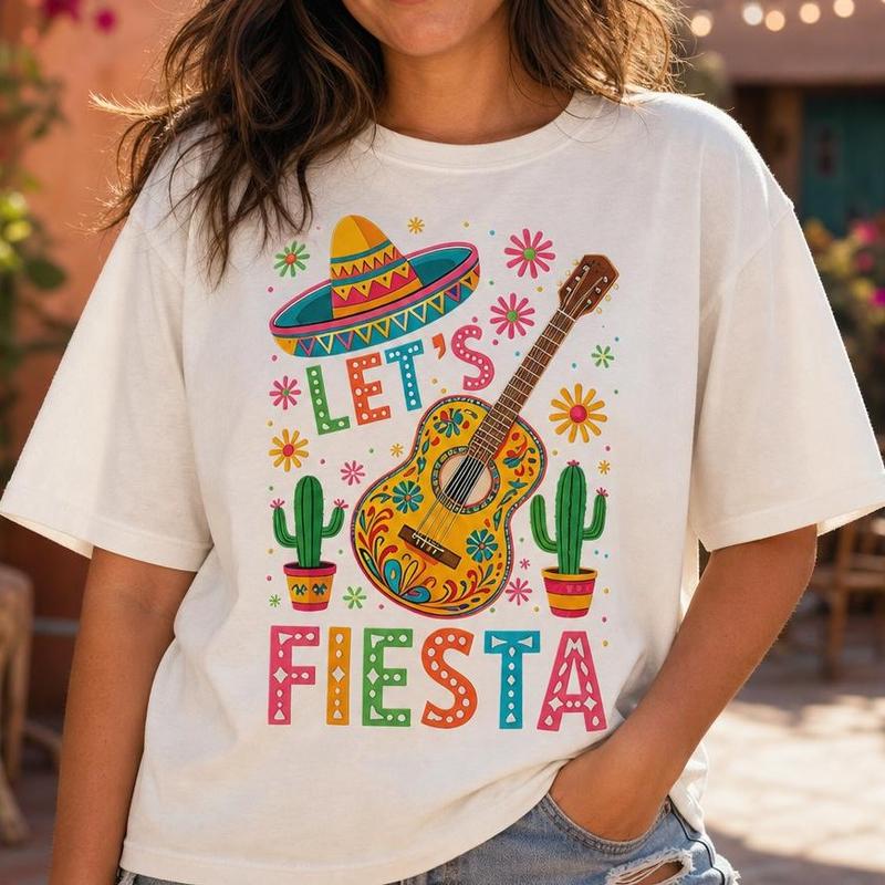 Women's 100% Cotton Casual Round Neck Drop Shoulder Loose-Fit Oversize Tshirt Top - Colorful Let's Fiesta Guitar & Sombrero Print, Streetwear for Festive Parties, Vacations