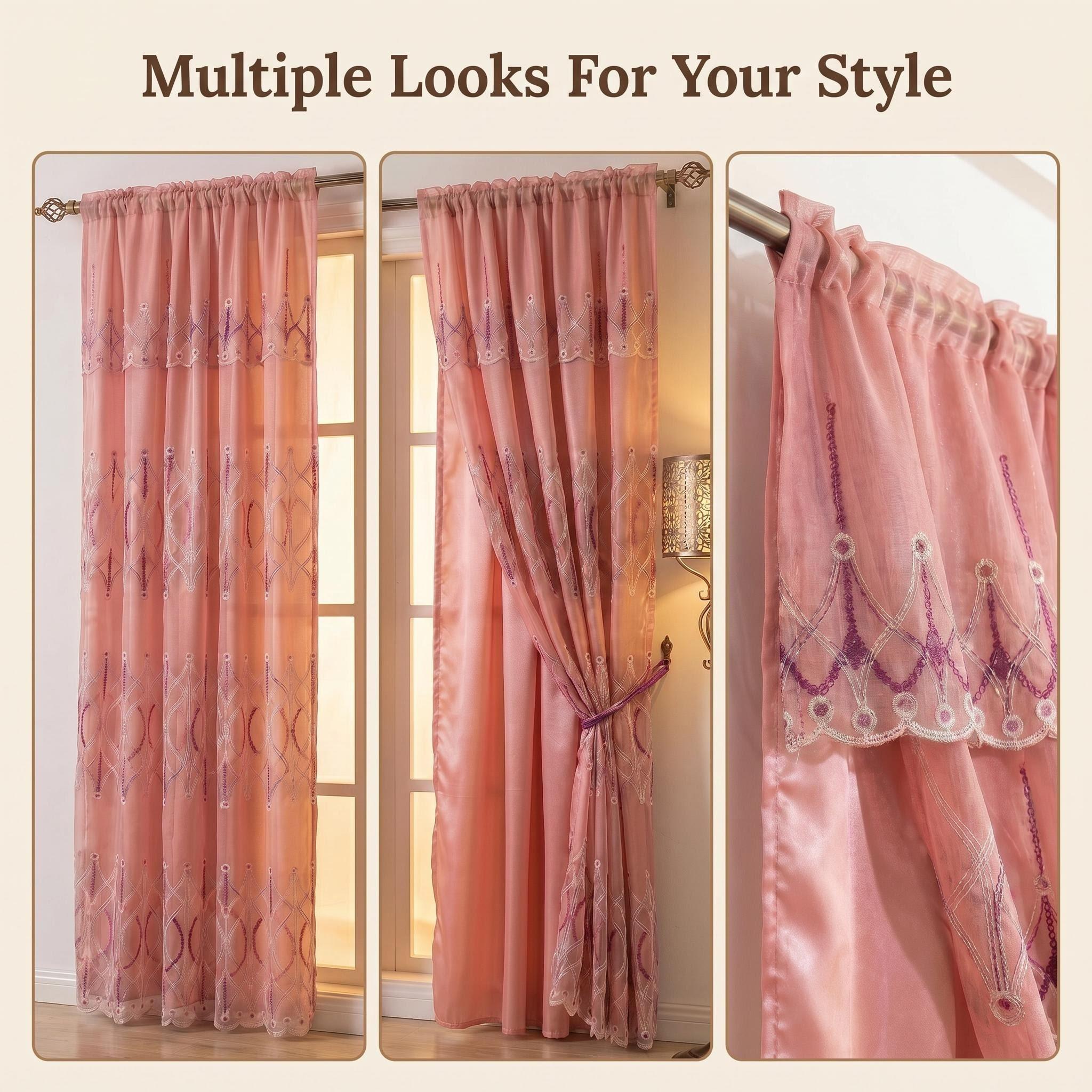 Embroidered Double Layer Curtains 2 Panels Set 52x84 Inch with Matching Valance 52x18, Luxury Vintage European Drapes with Satin Blackout Liner, Classic Rod Pocket Complete Window Treatment, Elegant Decor for Living Room Bedroom Farmhouse QF18