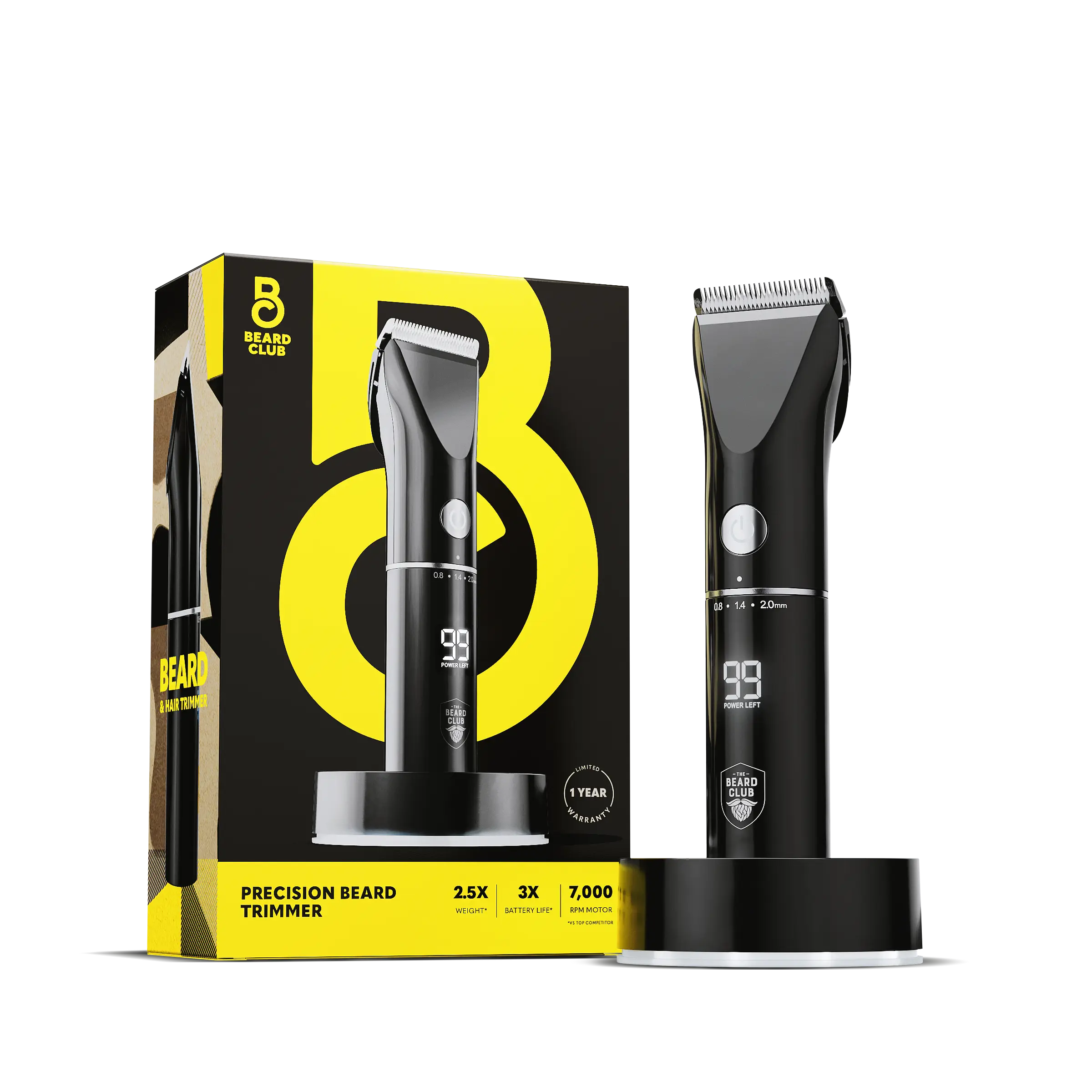 Beard Club Beard Trimmer for Men - Electric Cordless Rechargeable Beard & Hair Trimmer - High Power 7000 RPM - 8 Color Guides 45 Unique Trim Lengths - Travel Lock