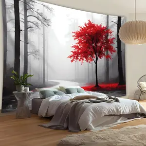 1pc Extra Large - Tranquil Red Maple Mist Forest Pathway Landscape Photo Tapestry, Polyester Aesthetic HD Print Wall Hanging, Living Room Bedroom Office Home Party Decor, No-Install Wall Art, Aesthetic Room Decor
