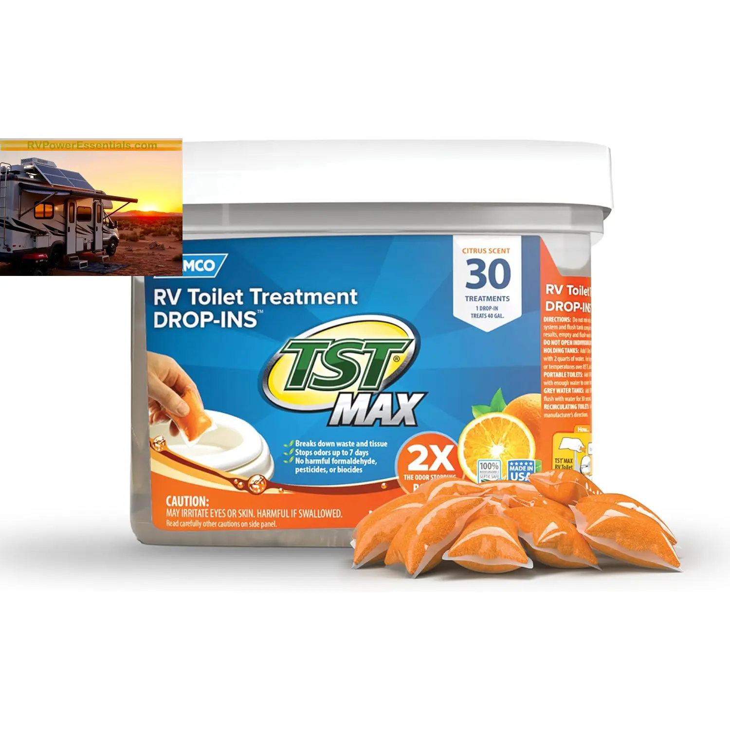 Camco TST MAX RV Toilet Treatment Drop-Ins – Odor Control & Waste Breakdown – RV Power Essentials
