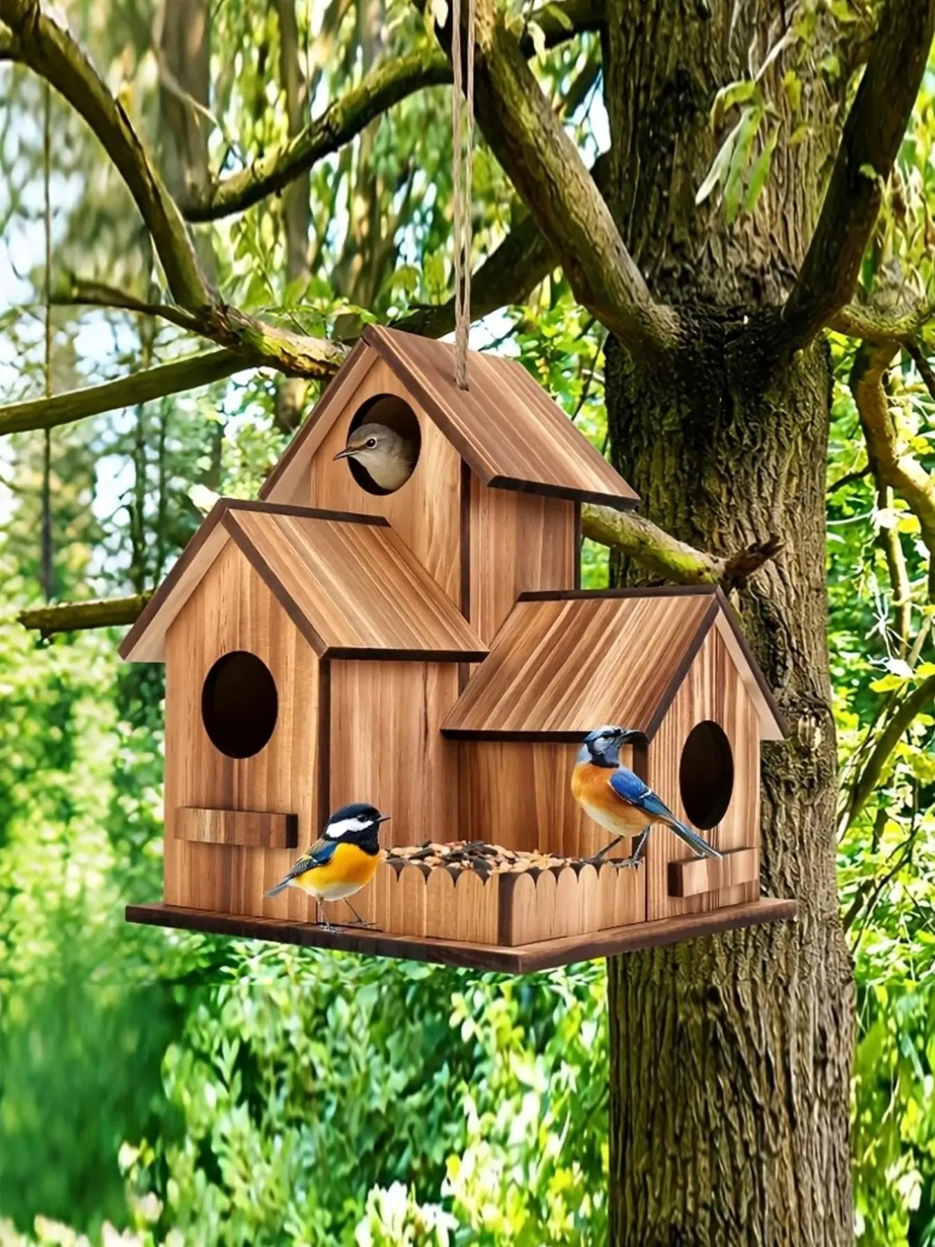 Large Outdoor 3-Hole Birdhouse, Ideal for Bluebirds, Finches, Cardinals, Modern Hanging Design, Durable Wood Material, Perfect Garden Decoration