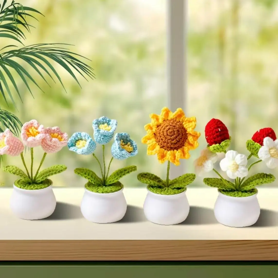 Handmade Crochet BouquetPotted Flowers, Artificial Flower Potted Plant，Knitted Artificial Forever Flower with Exquistie Pot Decor Decorative Fruit Decorative Fruit Decoration Gift