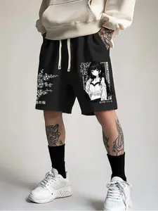 Men's "Anime Cherry Blossom" Graphic Shorts - Kawaii Anime Girl & Japanese Cherry Blossom Print Black Drawstring Shorts, Y2K Eboy Streetwear with Gothic Floral Accents, Soft Breathable Cotton Blend Loose Fit Athletic Shorts