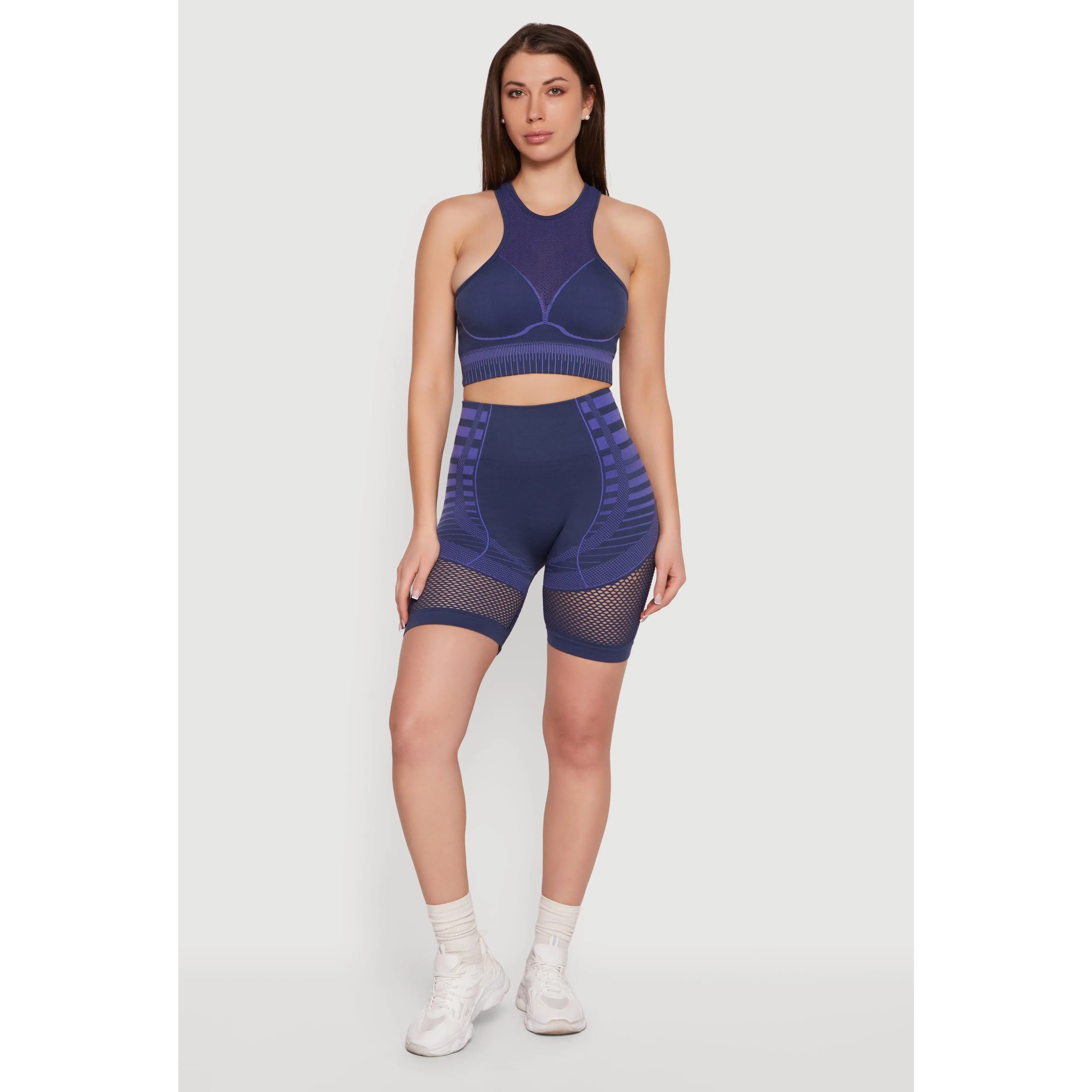 Striped Fishnet Detail Seamless Biker Shorts