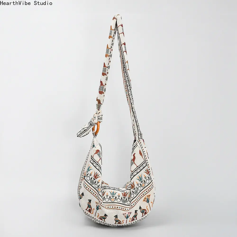Women's Bohemian Canvas Bag, Oversized Hobo Style Crossbody & Shoulder Bag with Zipper for Everyday Commuting, Aesthetic Shoulder Bag