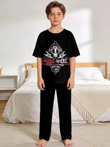 Black background with skull and lightning trendy 2-piece boys' digital printed short-sleeve pajamas with long sleep pants, made of flame-retardant fabric. A fashionable, trendy, casual, comfortable and soft pajama set, suitable for sleeping and home