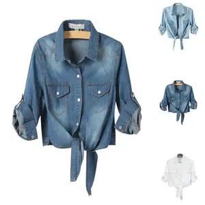 Women's  Denim Crop Top Tie Knot Shirt 3/4 Sleeve Cardigan