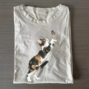 Calico Cat Catching Butterfly T-shirt, Aesthetic Feline Lover Shirt, Artistic Watercolor Kitty Tee, Retro Nature Inspired Sweatshirt