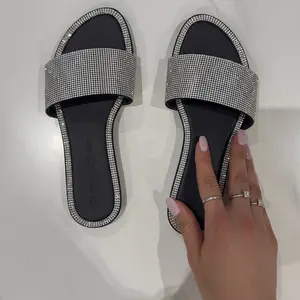 Black Rhinestone Bling Slides - Stylish Comfortable Summer Sandals for Women