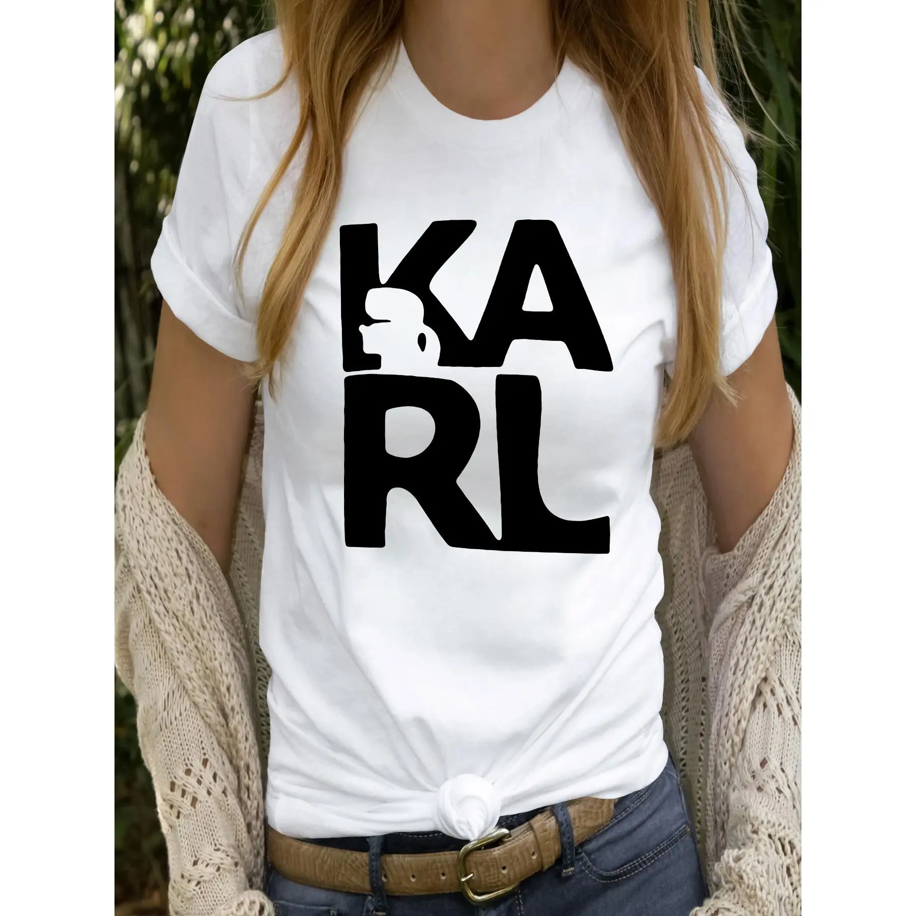 Retro-Inspired Lady's Sports Top, Pink Short-Sleeve Round Neck Tshirt, Bold "KARL" Print, Soft Polyester Blend, Ideal for Spring/Summer Casual Wear