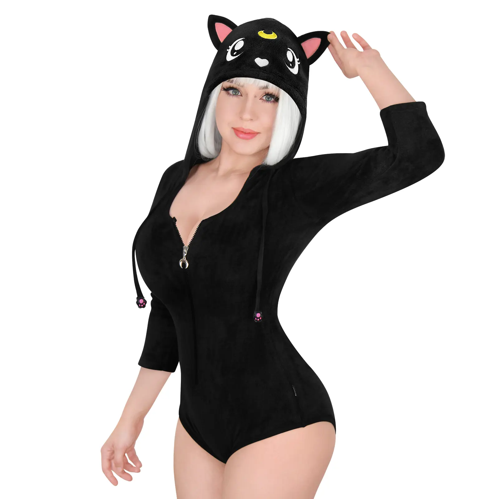 Littleforbig Women's Cotton Magical Girl Cosplay Hoodie Romper Zipper Luna Costume Onesie Pajamas Bodysuit