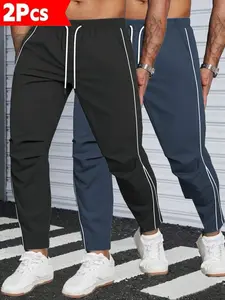 Men's simple sports trousers side stripes inlaid with white decorative strips design drawstring waist fitness wear casual versatile and comfortable daily training pants