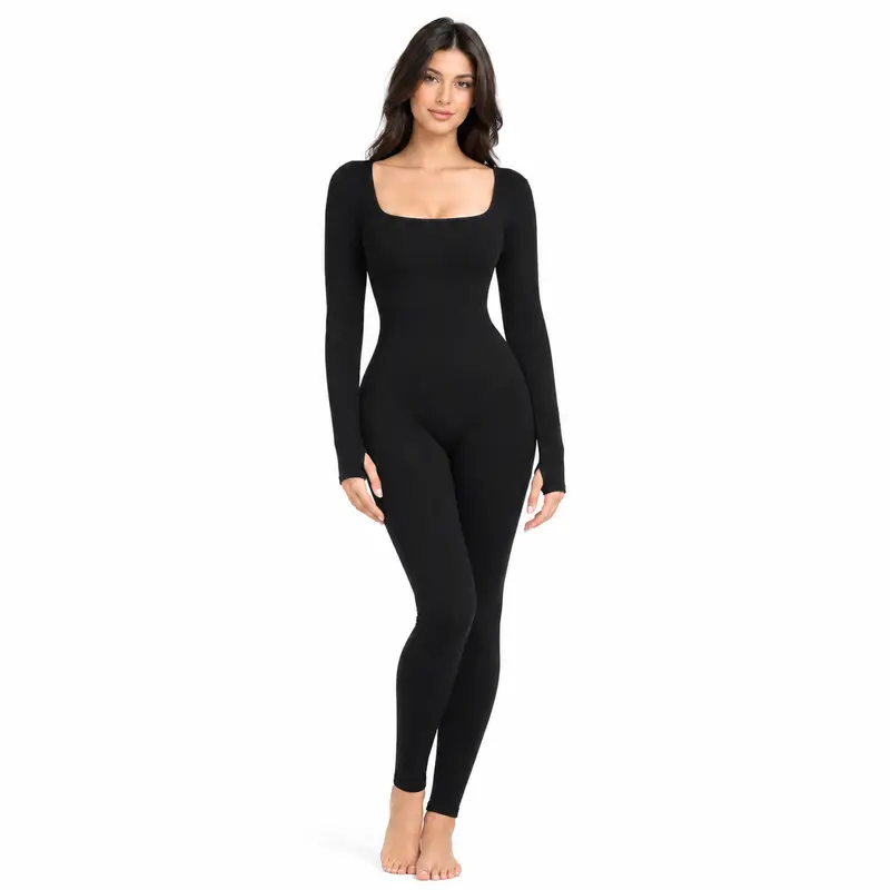 Women's Soo Slick Tyla Outfits Athleisure Slim-Fitted Jumpsuit - Square Neck, Long Sleeve, Ribbed Nylon Fabric, Tummy Control, Built-in Shapewear, Stretchable Pre-Gym Workout Yoga Activewear,tyla outifts